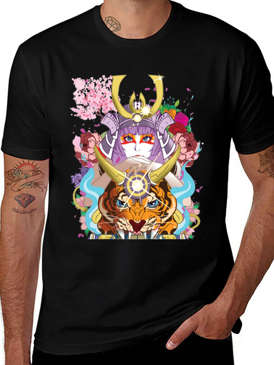 Camiseta Negra con Diseño de Samurai y Tigre