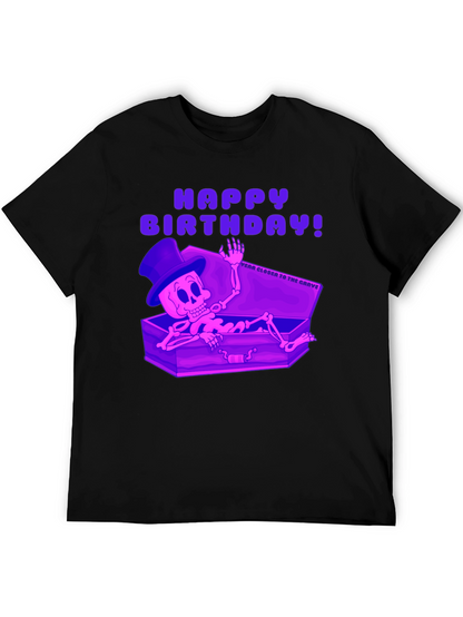 Camiseta Negra Feliz Cumpleaños Esqueleto en Ataúd