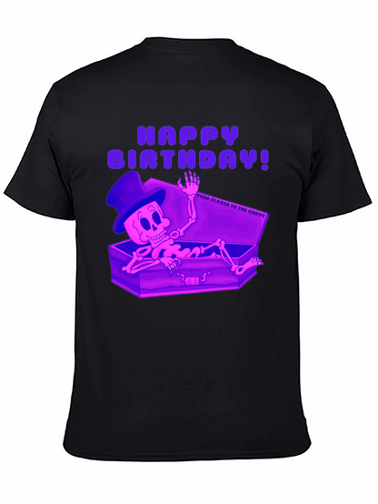 Camiseta Negra Feliz Cumpleaños Esqueleto en Ataúd