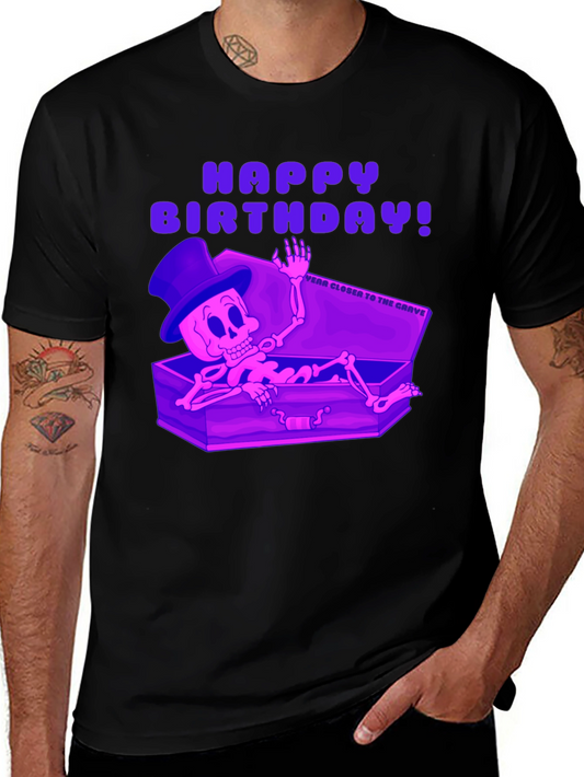 Camiseta Negra Feliz Cumpleaños Esqueleto en Ataúd
