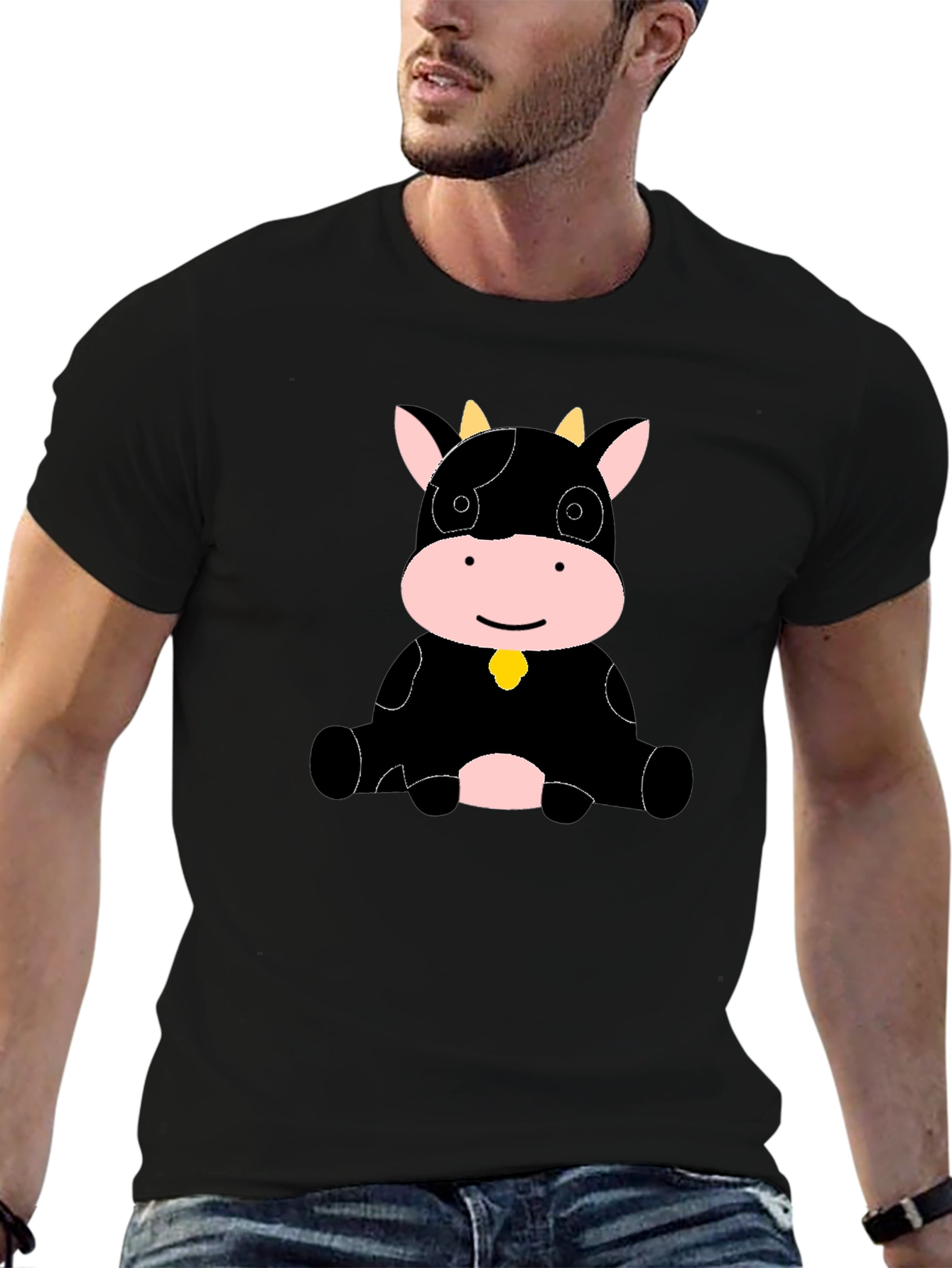 Camiseta Negra con Diseño de Vaca Adorable