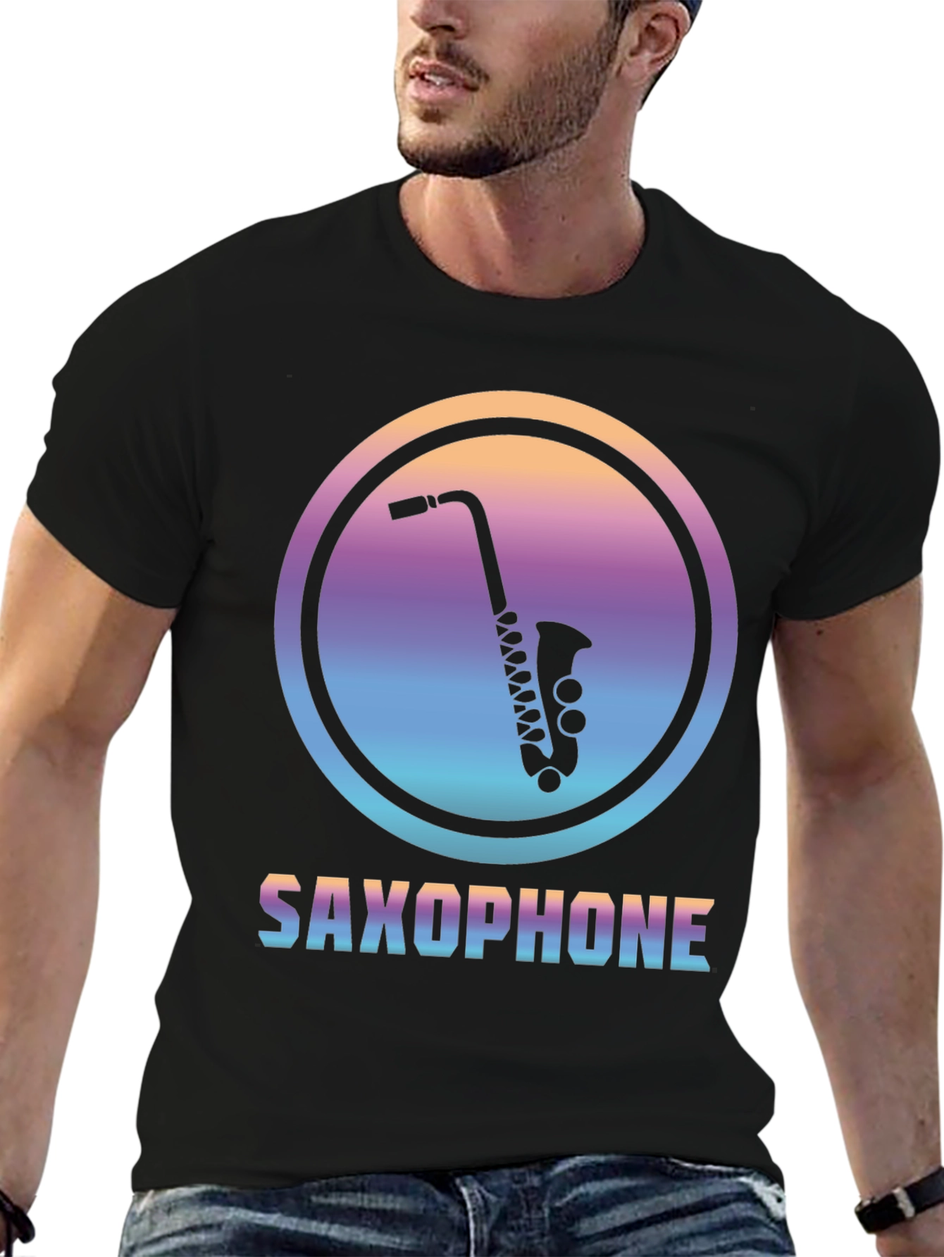Camiseta Negra con Diseño de Saxofón Retro