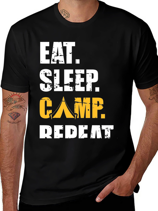 Camiseta Negra: Come Duerme Acampa Repite