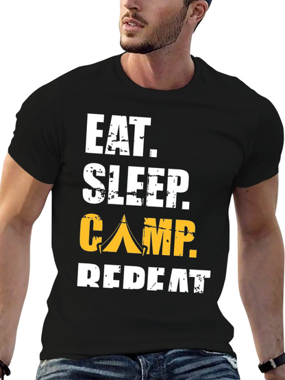 Camiseta Negra: Come Duerme Acampa Repite