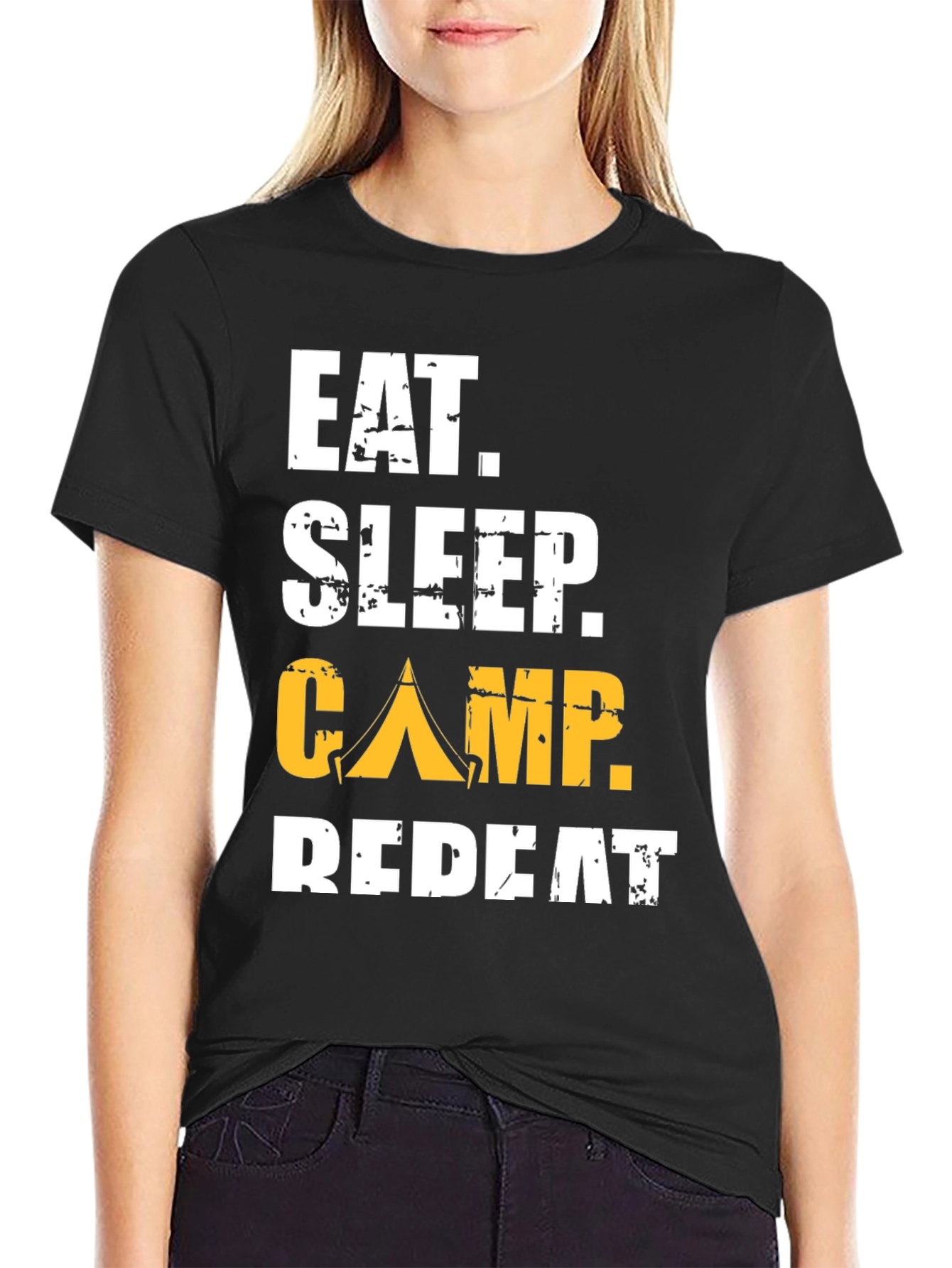Camiseta Negra: Come Duerme Acampa Repite