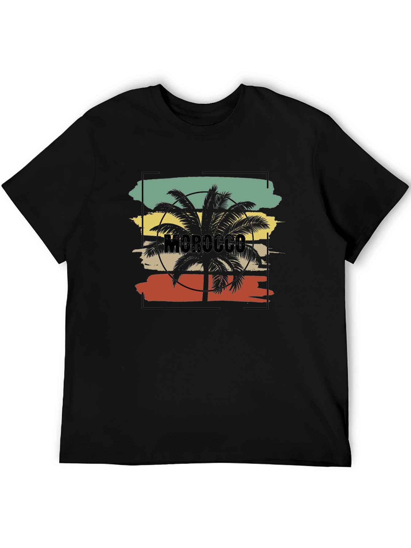 Camiseta Negra con Diseño de Marruecos y Palmera