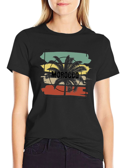 Camiseta Negra con Diseño de Marruecos y Palmera