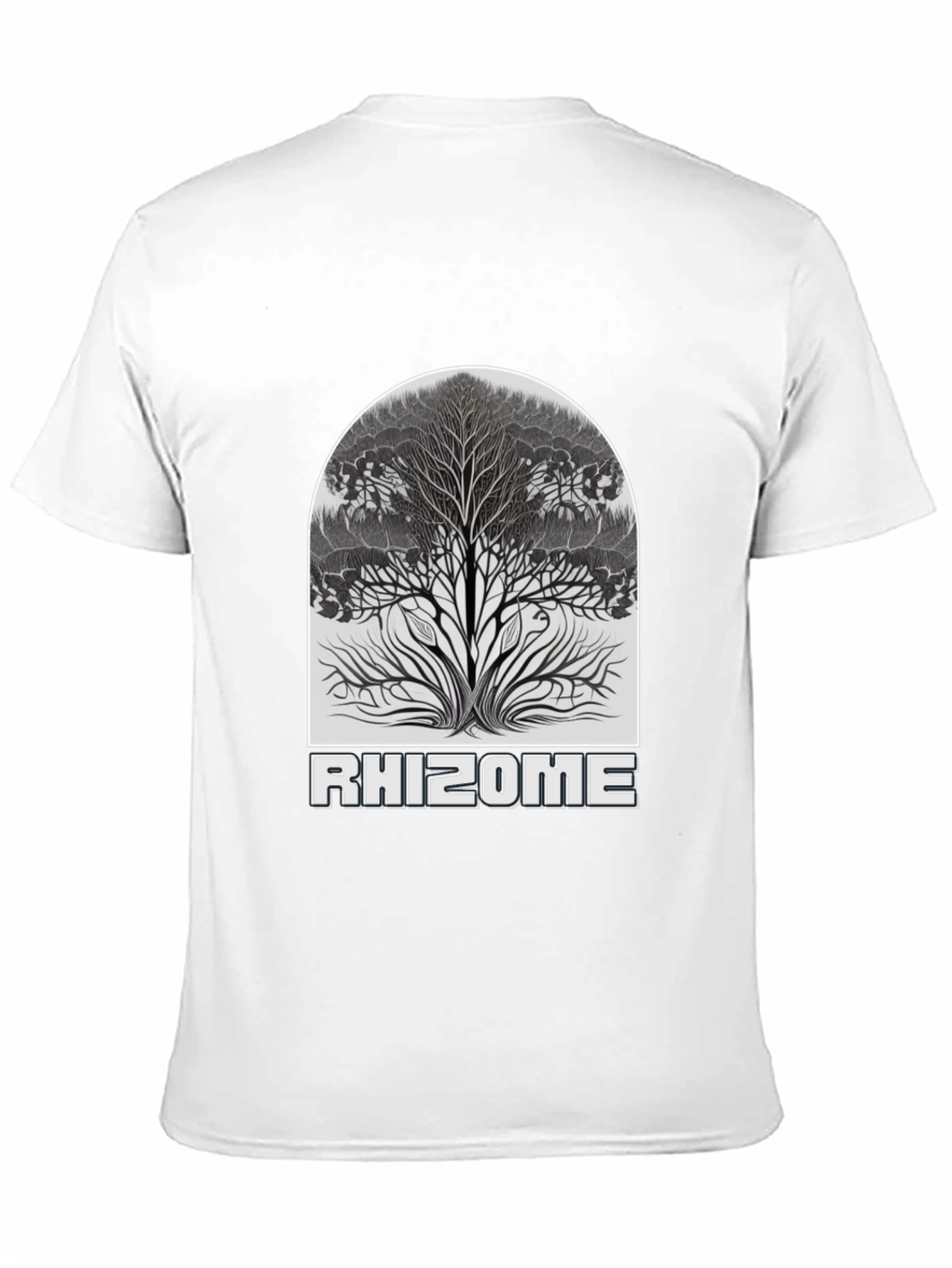 Camiseta Negra Rhizome con Diseño de Árbol