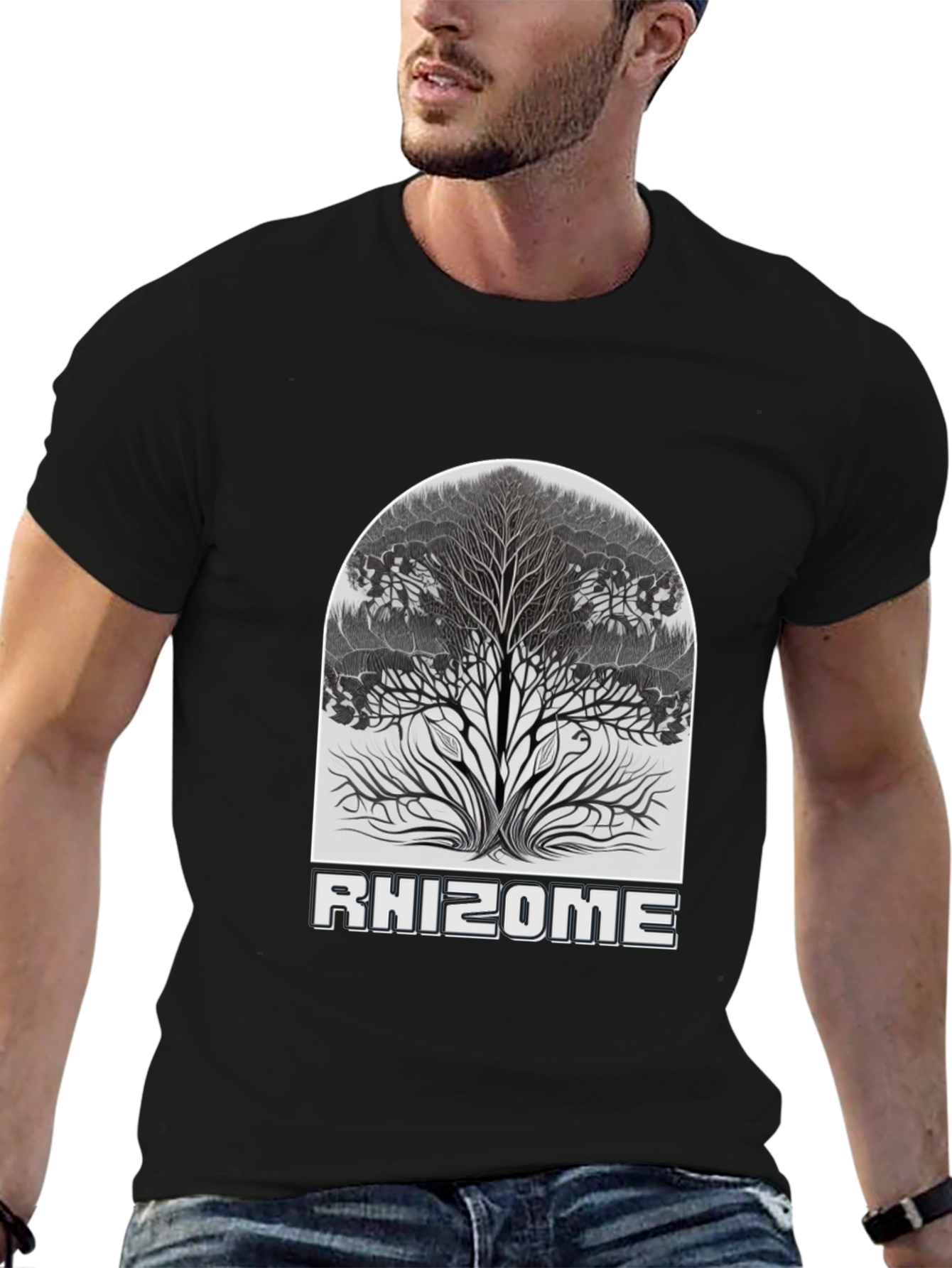 Camiseta Negra Rhizome con Diseño de Árbol