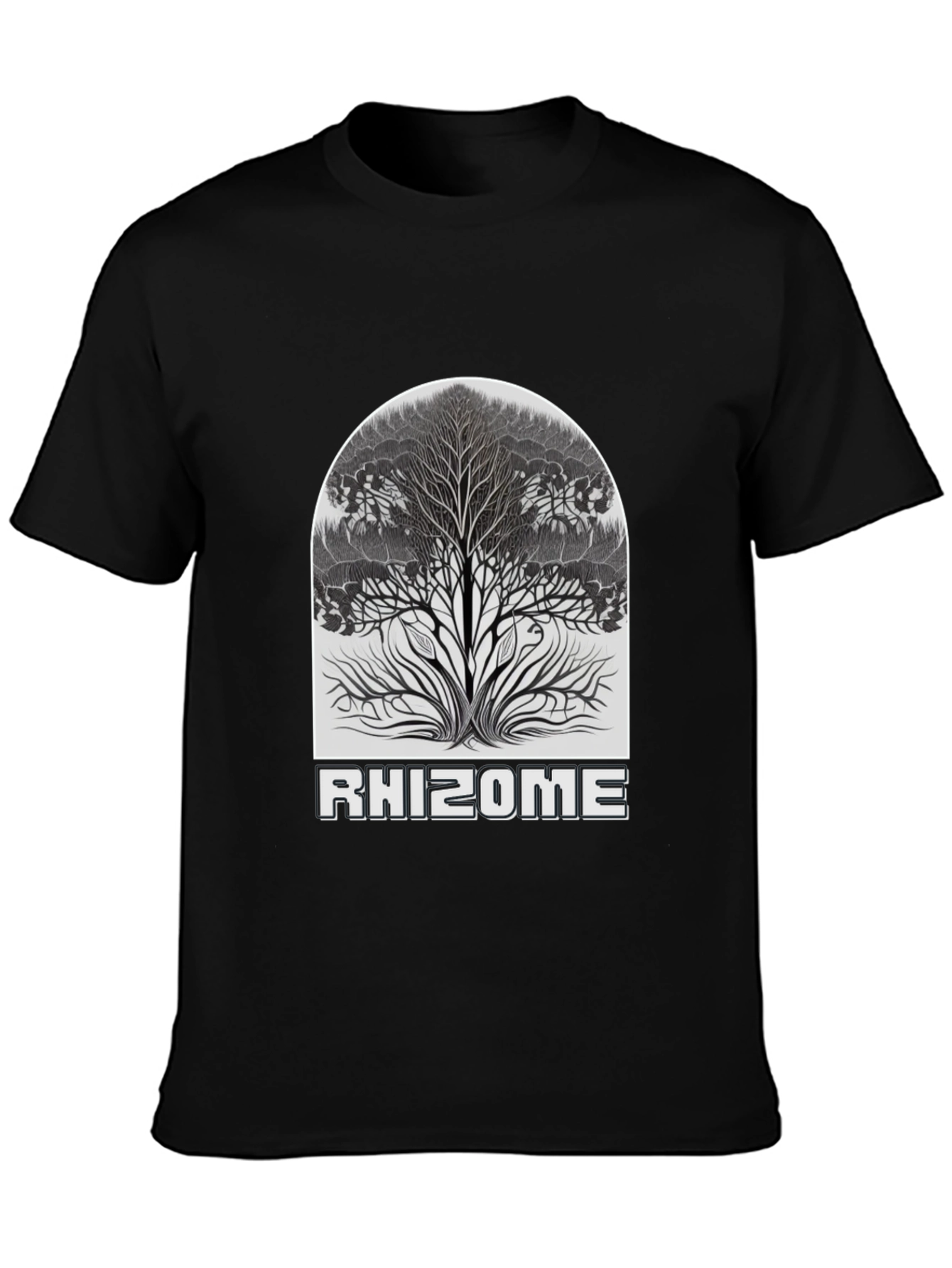 Camiseta Negra Rhizome con Diseño de Árbol