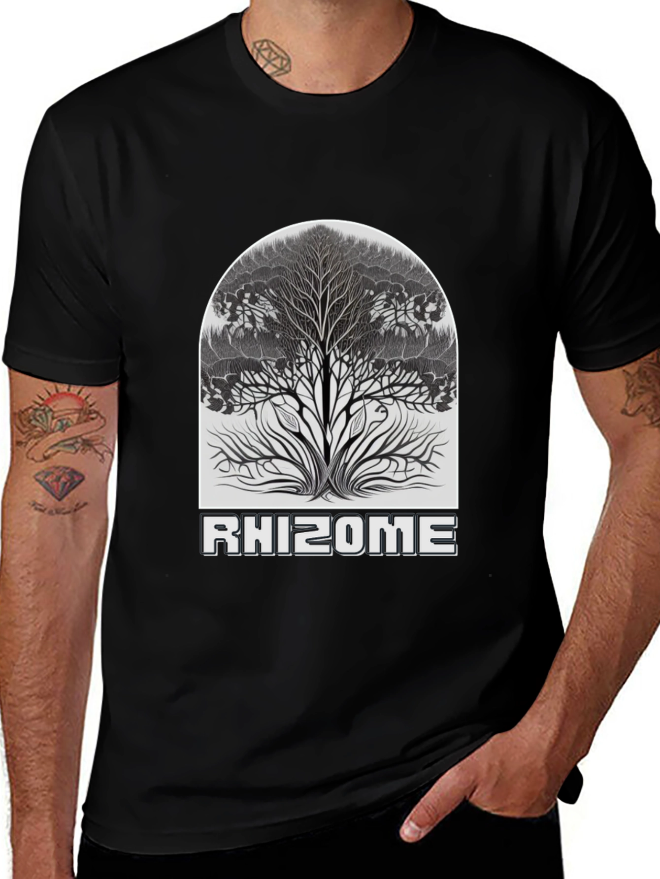 Camiseta Negra Rhizome con Diseño de Árbol