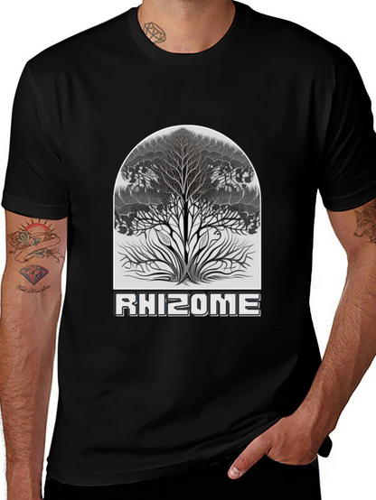 Camiseta Negra Rhizome con Diseño de Árbol
