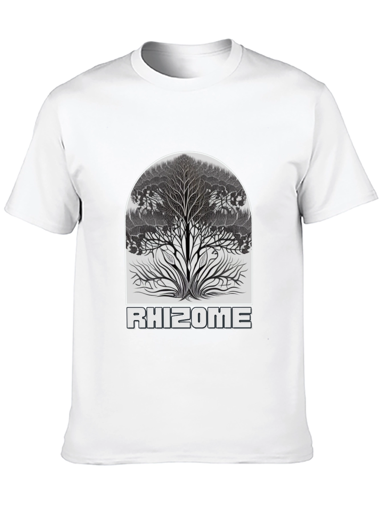 Camiseta Negra Rhizome con Diseño de Árbol