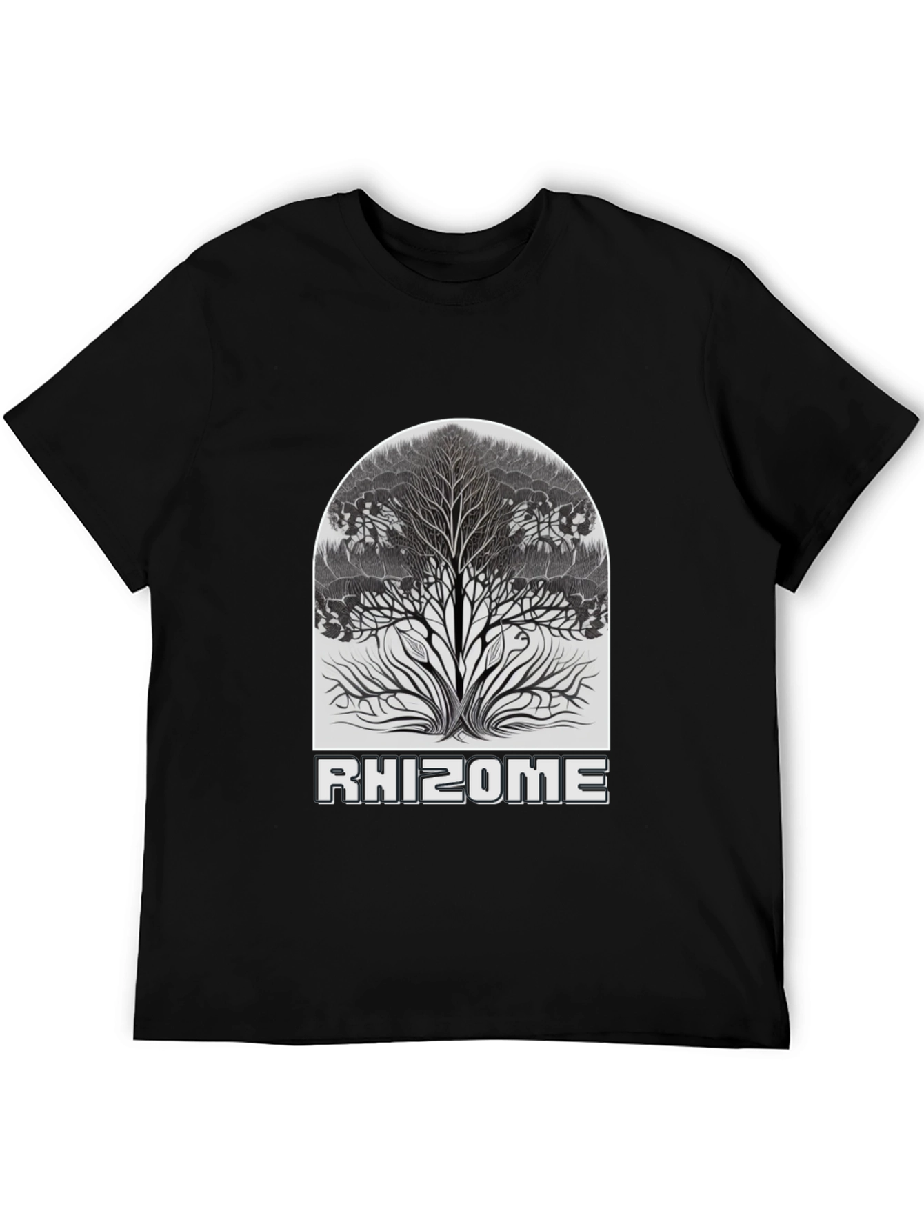 Camiseta Negra Rhizome con Diseño de Árbol