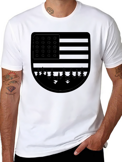Camiseta Negra con Diseño de Bandera Americana y Bosque
