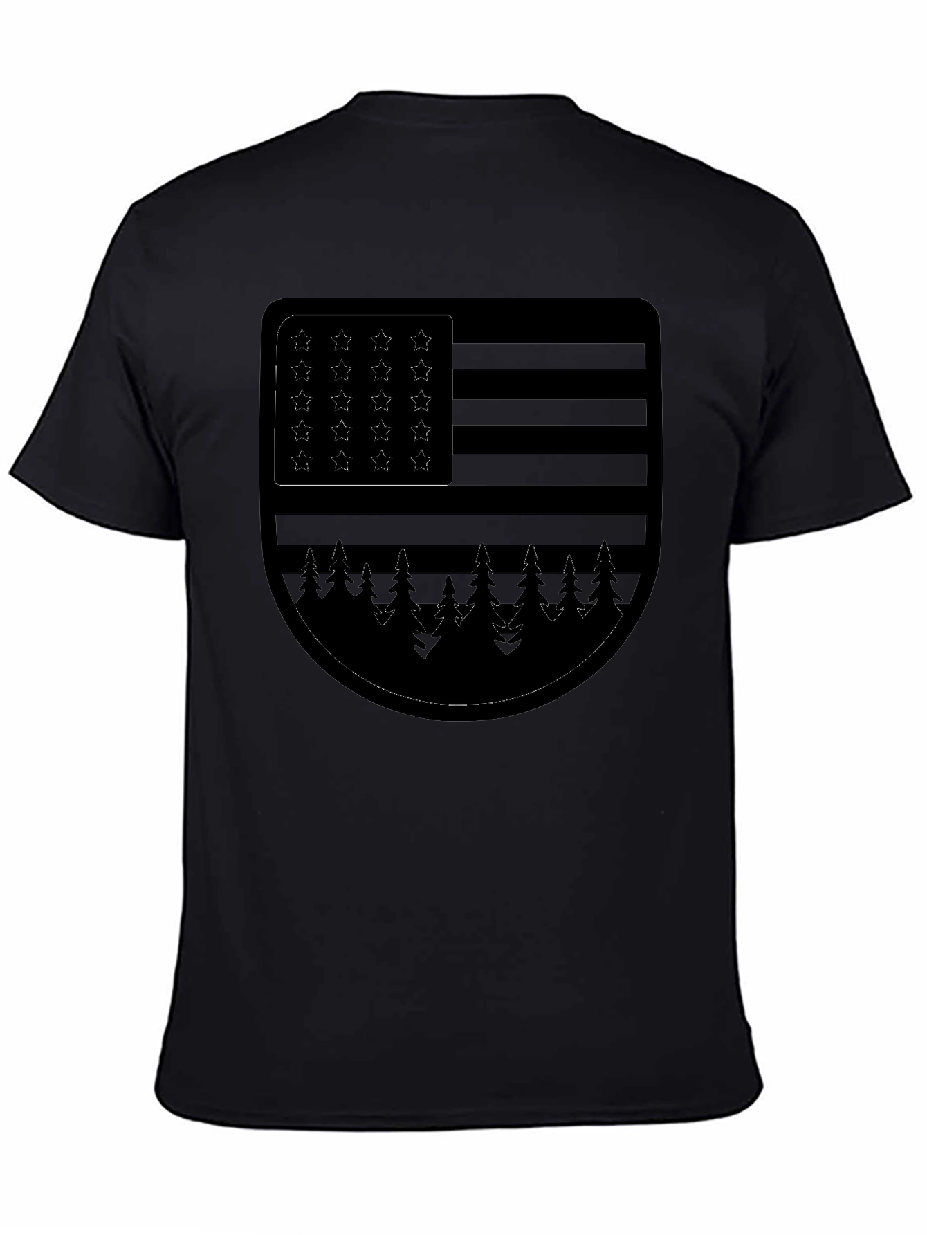 Camiseta Negra con Diseño de Bandera Americana y Bosque
