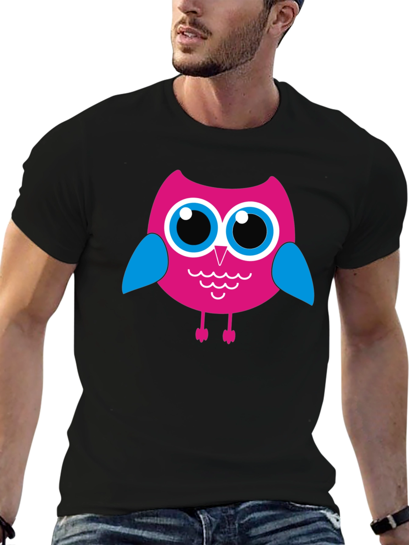 Camiseta Negra con Búho Rosado para Hombre