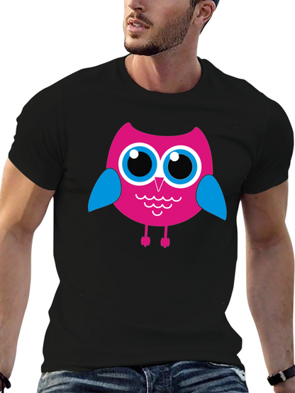 Camiseta Negra con Búho Rosado para Hombre