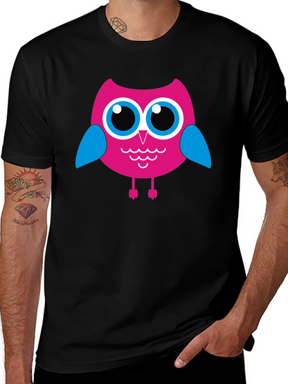 Camiseta Negra con Búho Rosado para Hombre