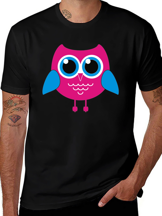 Camiseta Negra con Búho Rosado para Hombre