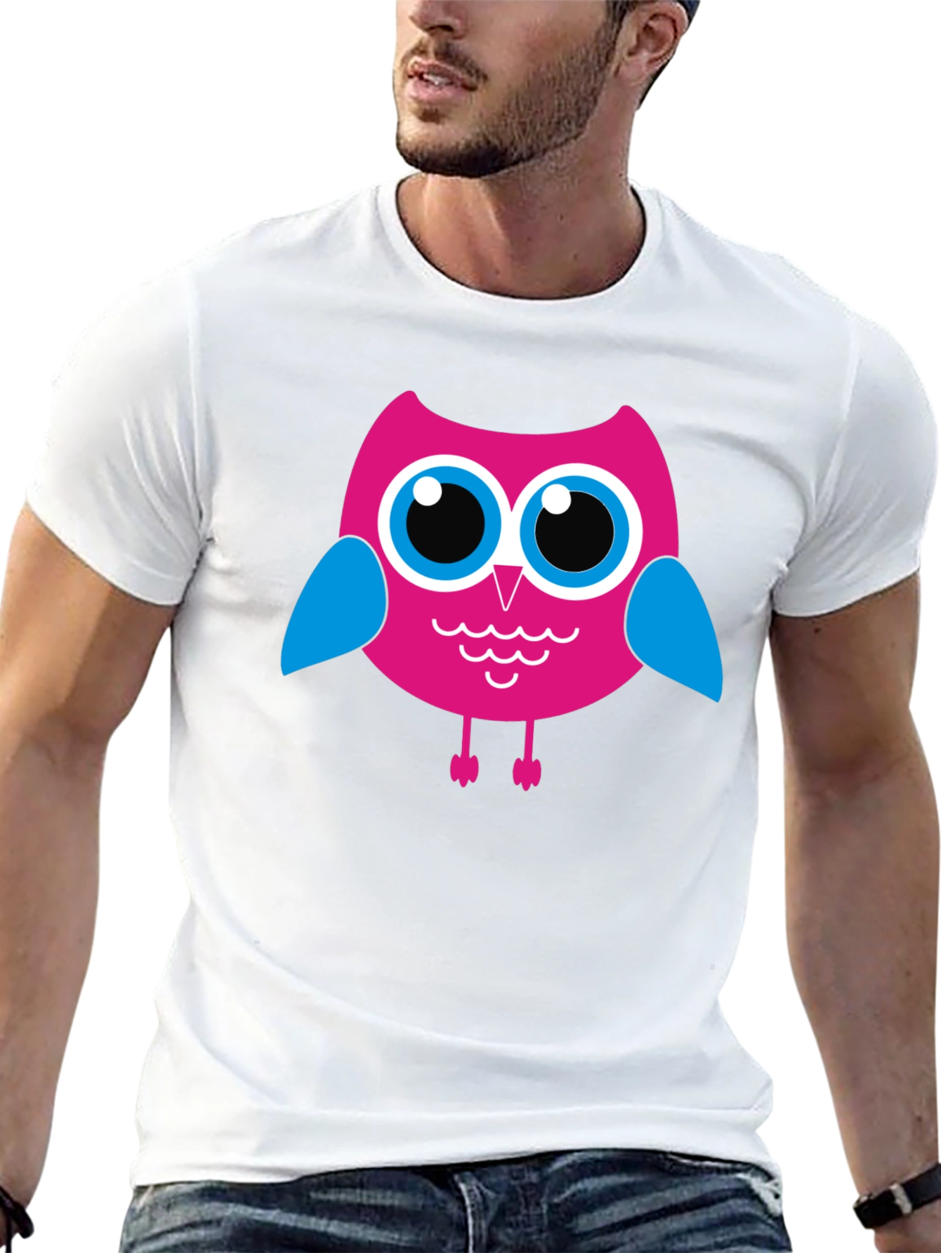 Camiseta Negra con Búho Rosado para Hombre