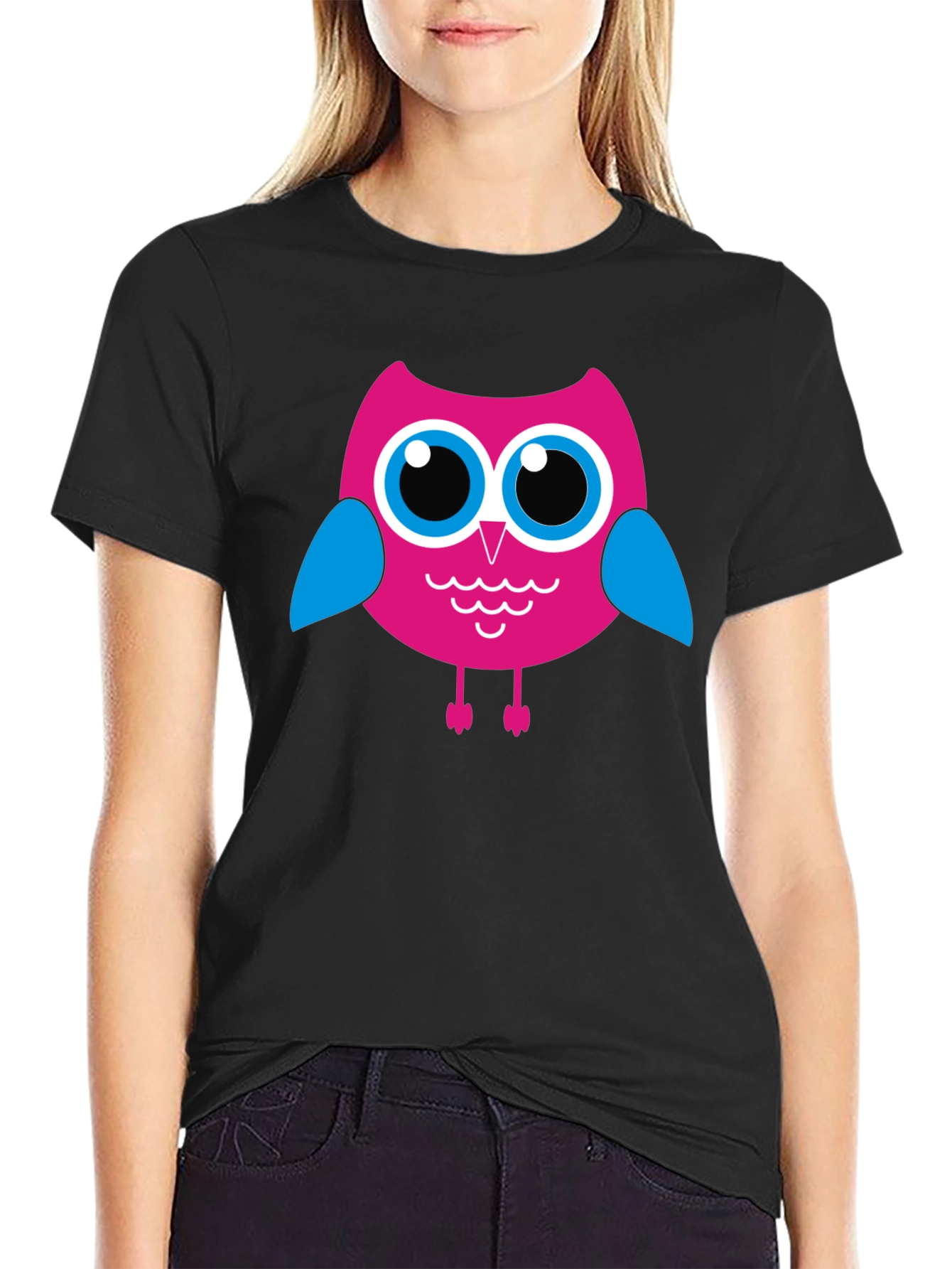 Camiseta Negra con Búho Rosado para Hombre