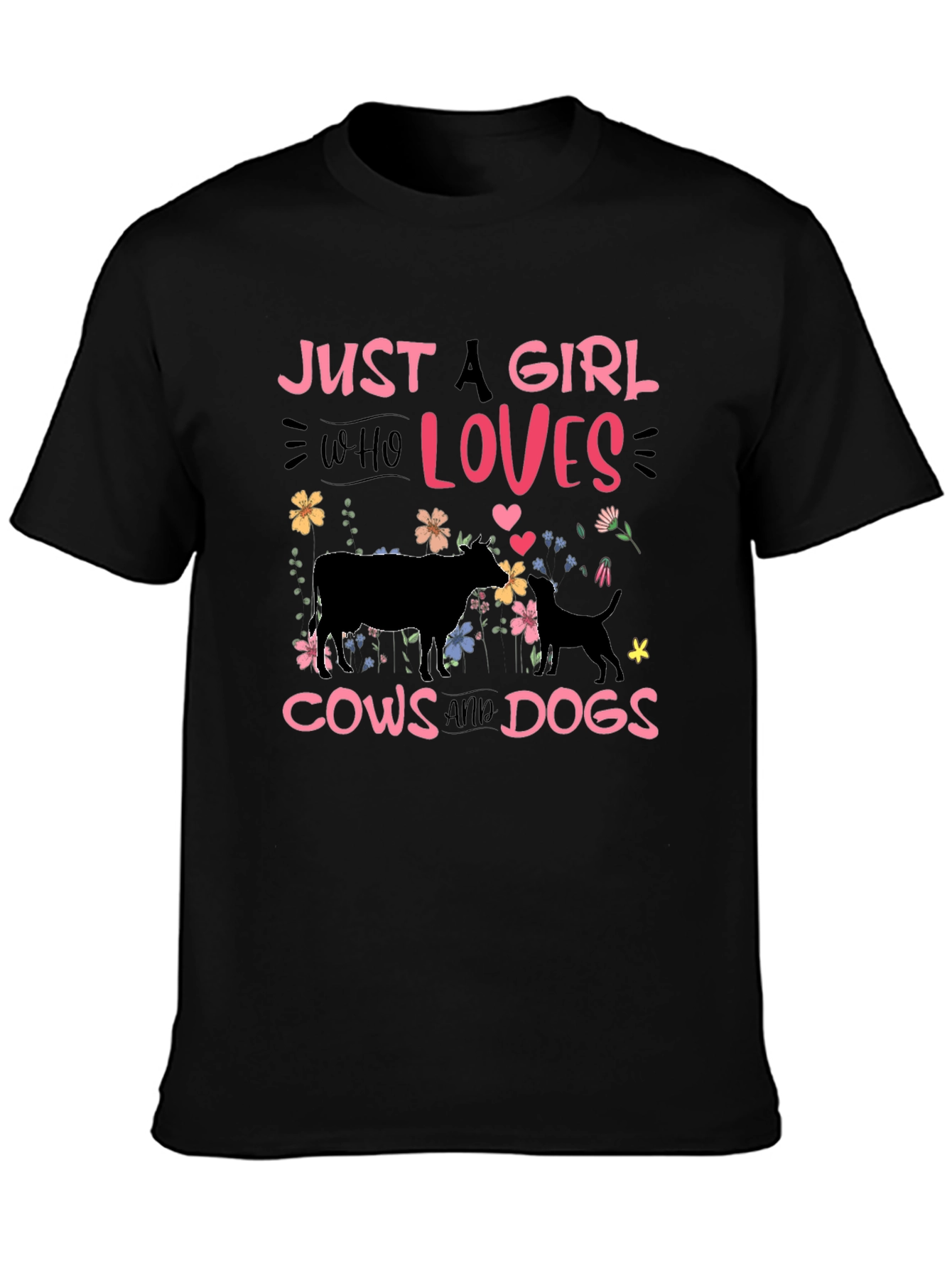Camiseta Negra: Chica Amante de Vacas y Perros