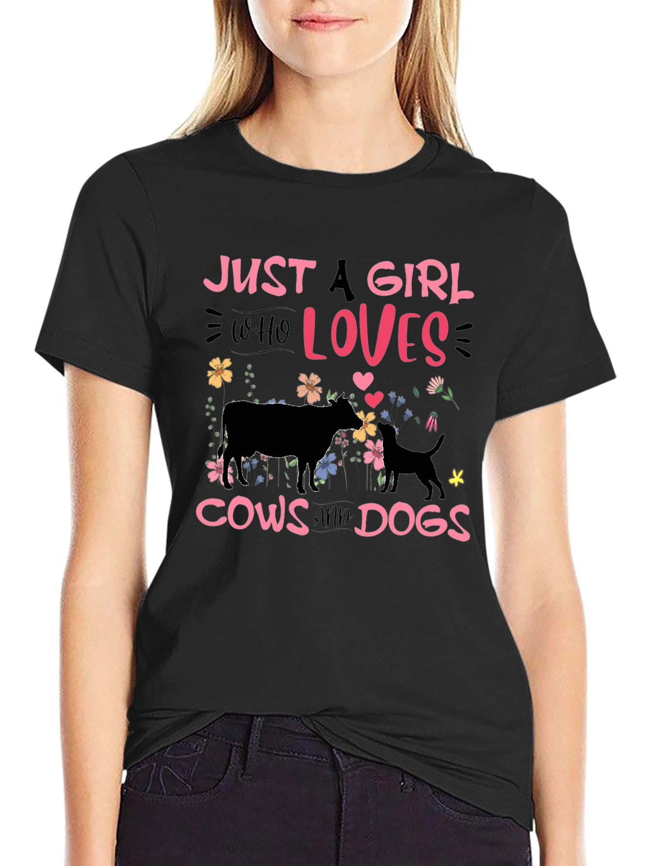 Camiseta Negra: Chica Amante de Vacas y Perros