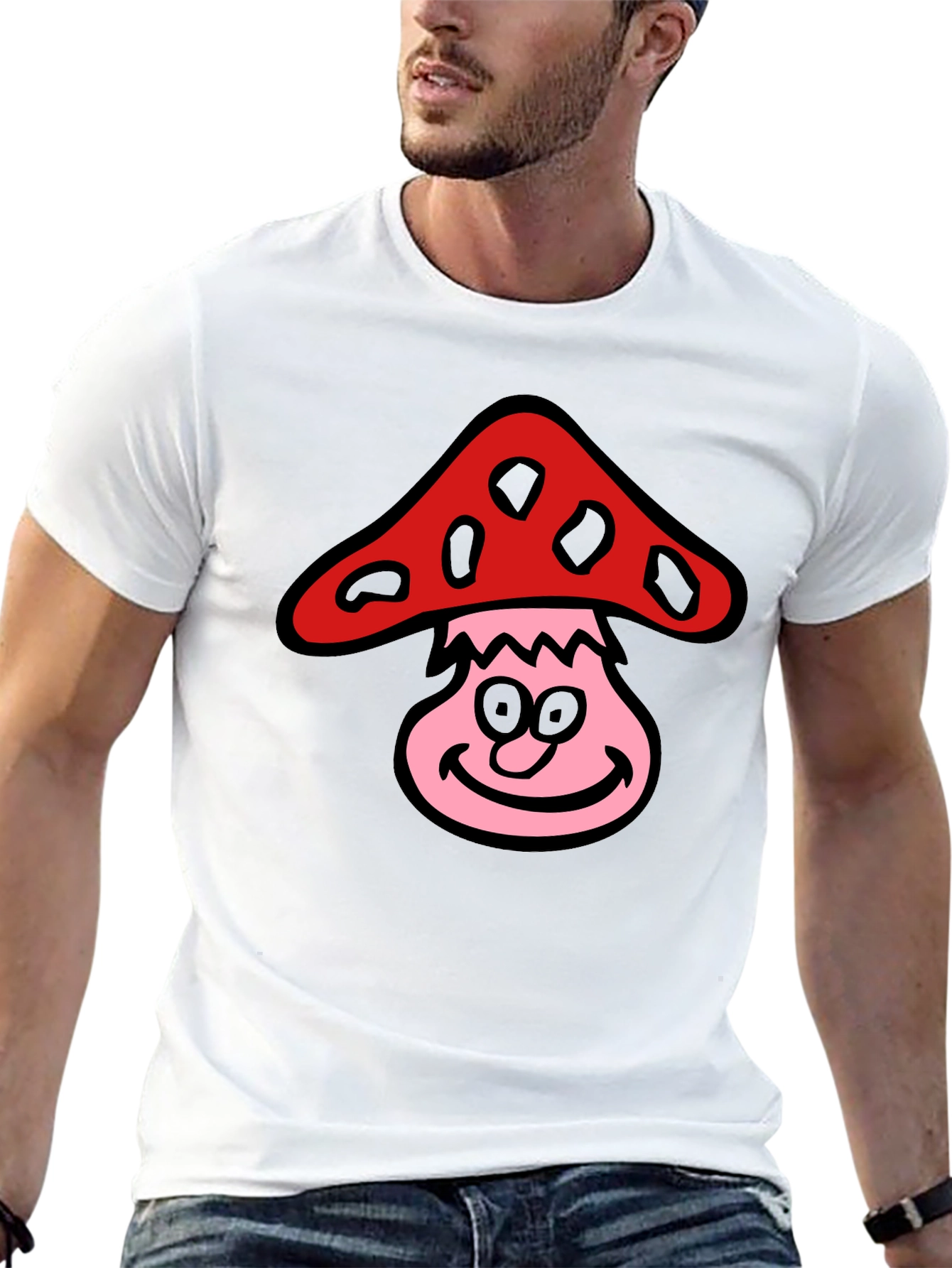 Camiseta Negra con Diseño de Hongo Sonriente