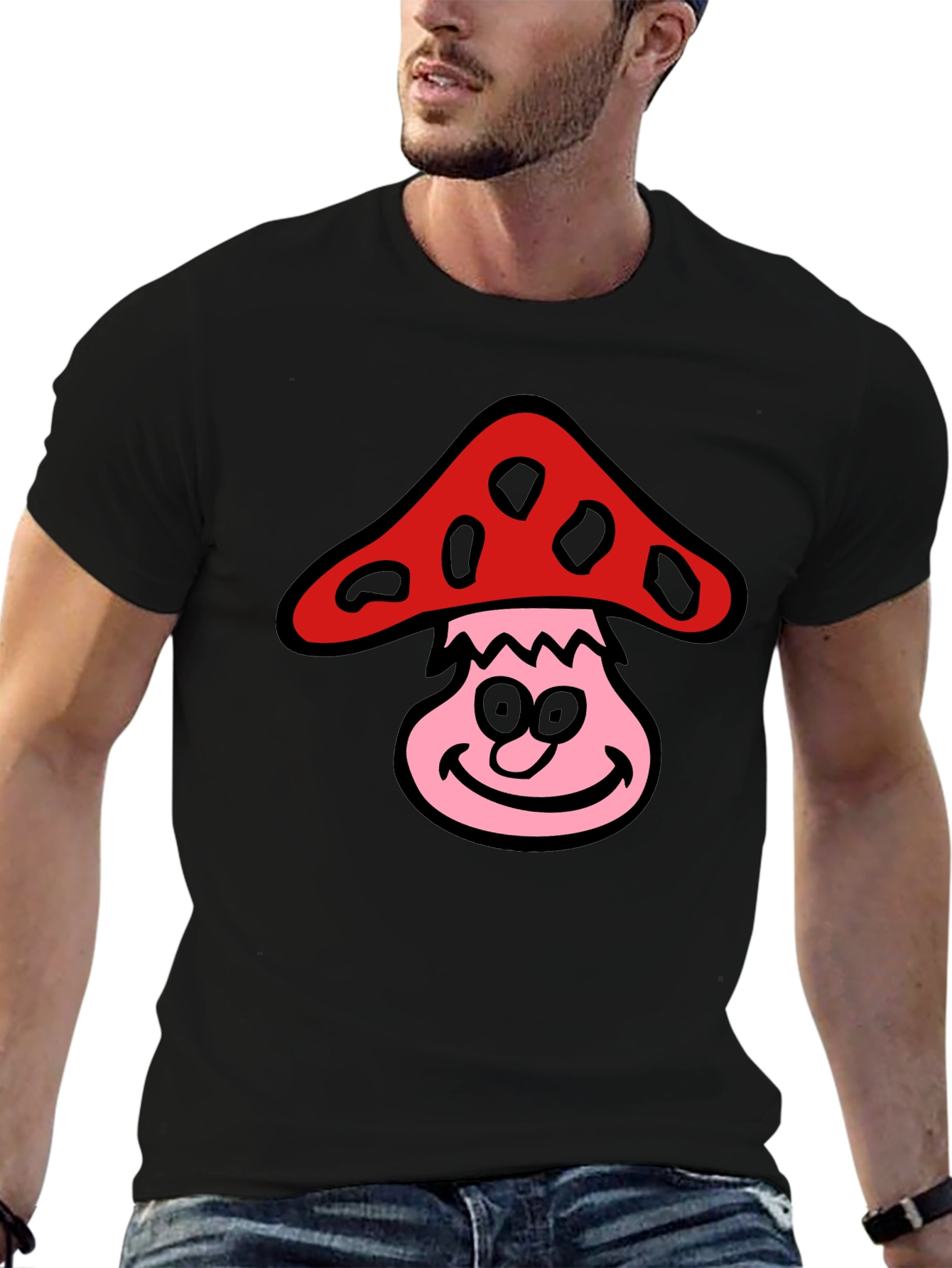 Camiseta Negra con Diseño de Hongo Sonriente
