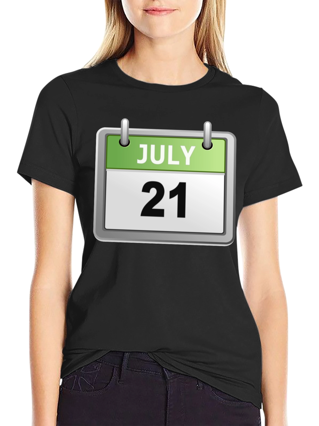 Camiseta Negra Calendario Julio 21 Algodón Cómoda Casual
