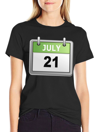 Camiseta Negra Calendario Julio 21 Algodón Cómoda Casual