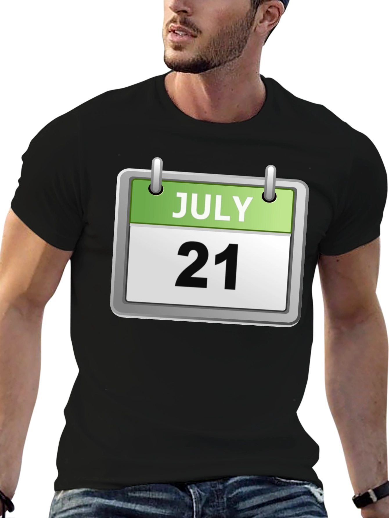 Camiseta Negra Calendario Julio 21 Algodón Cómoda Casual