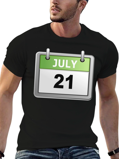 Camiseta Negra Calendario Julio 21 Algodón Cómoda Casual