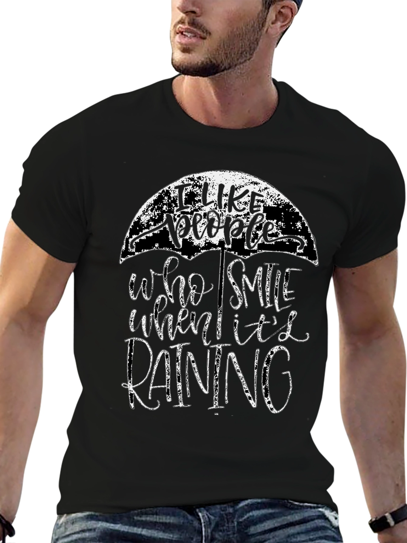 Camiseta Negra con Diseño de Paraguas y Frase Positiva