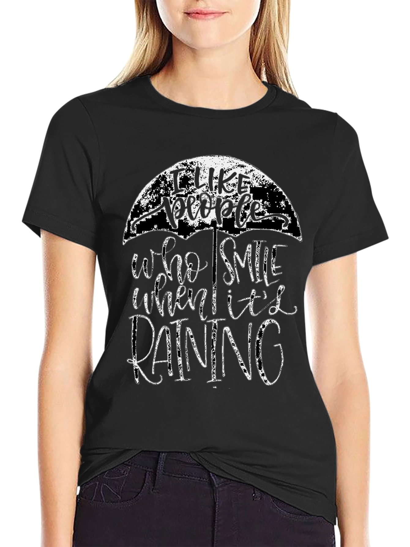 Camiseta Negra con Diseño de Paraguas y Frase Positiva