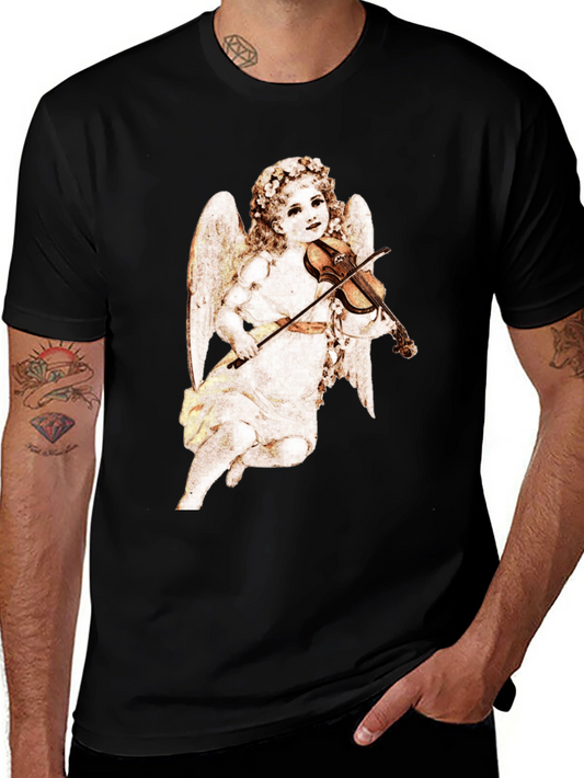 Camiseta Negra con Diseño de Ángel Músico Vintage