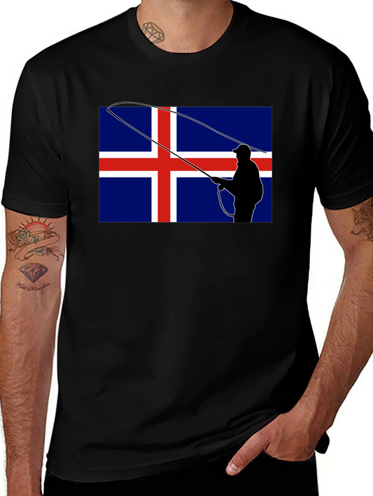 Camiseta Negra con Diseño de Bandera Islandesa y Pescador