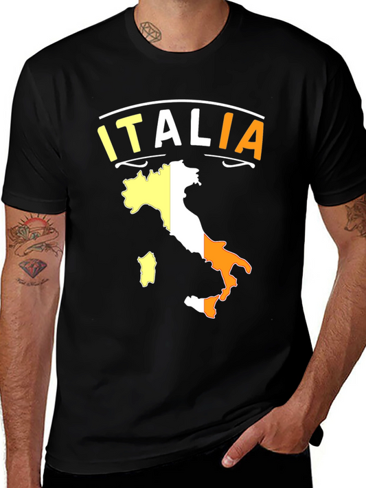 Camiseta Negra Italia Mapa Tricolor Moda Casual Hombre