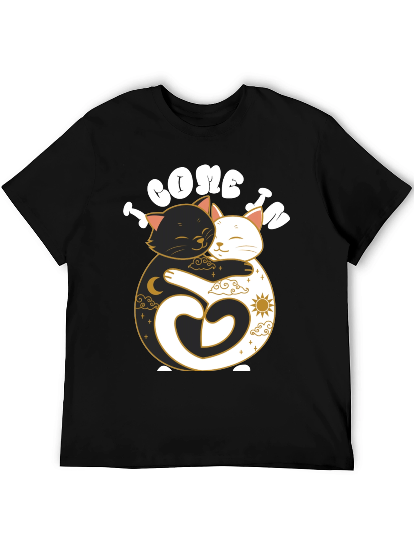 Camiseta Negra Yin Yang Gatos Abrazados
