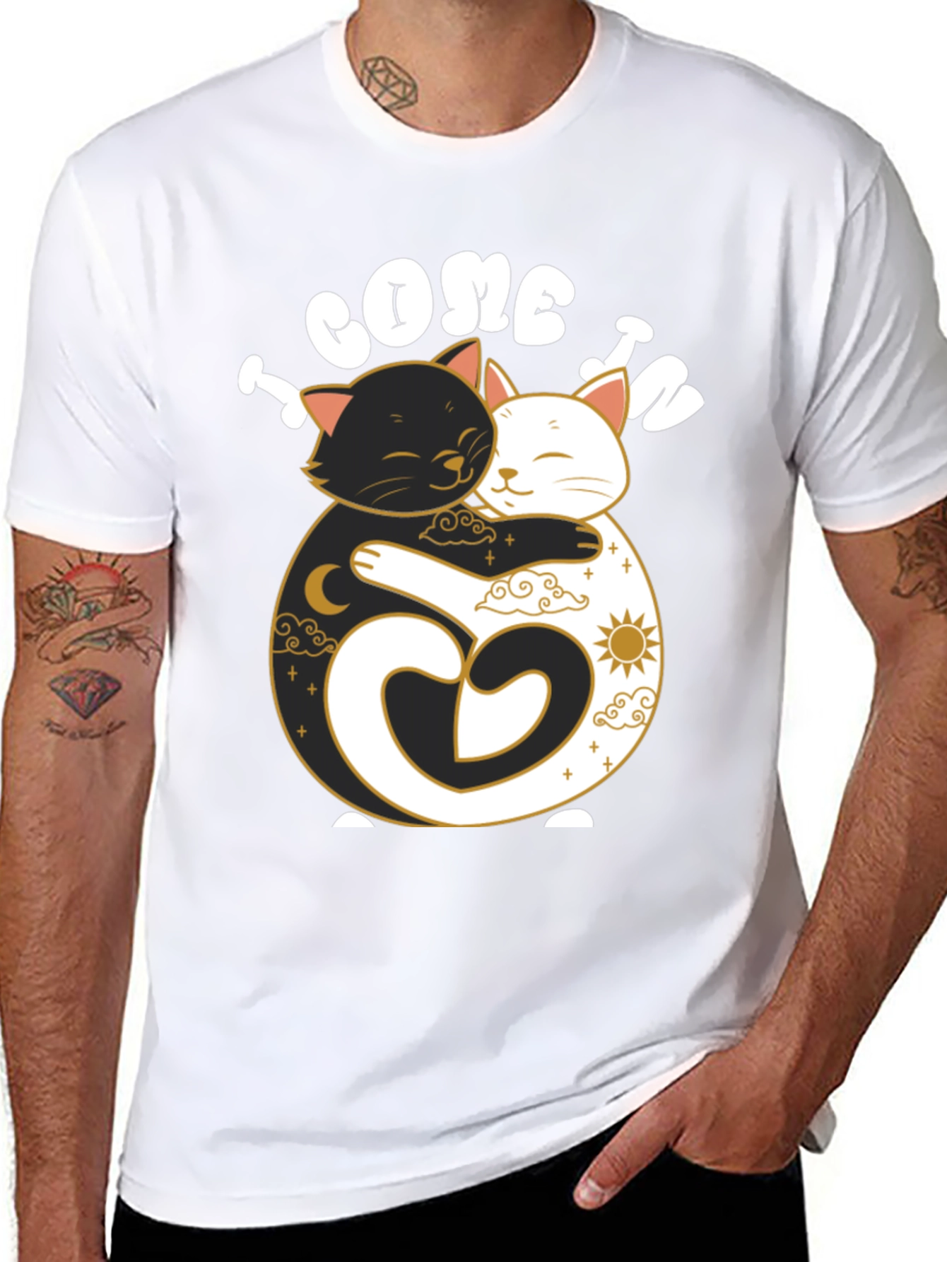 Camiseta Negra Yin Yang Gatos Abrazados