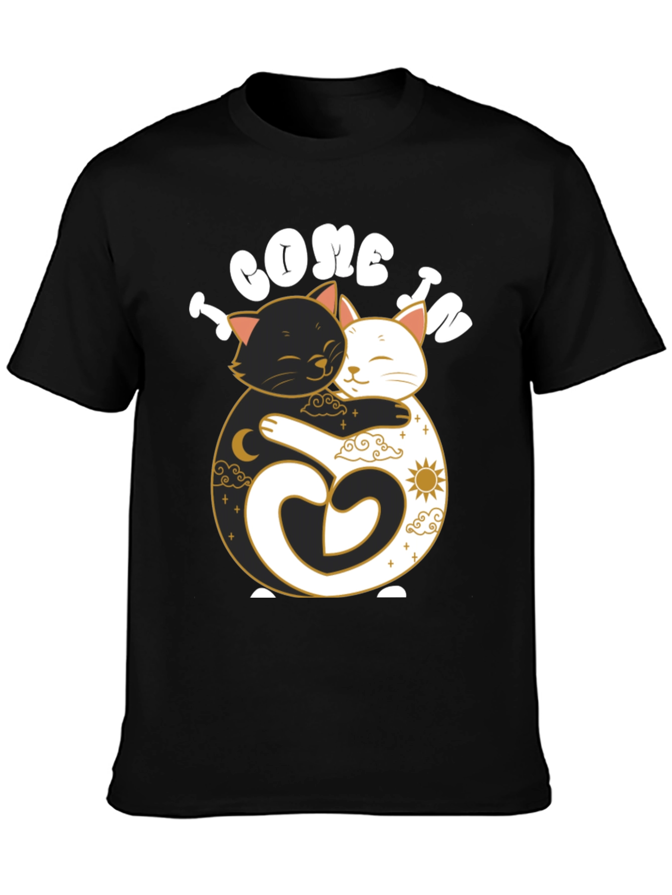 Camiseta Negra Yin Yang Gatos Abrazados