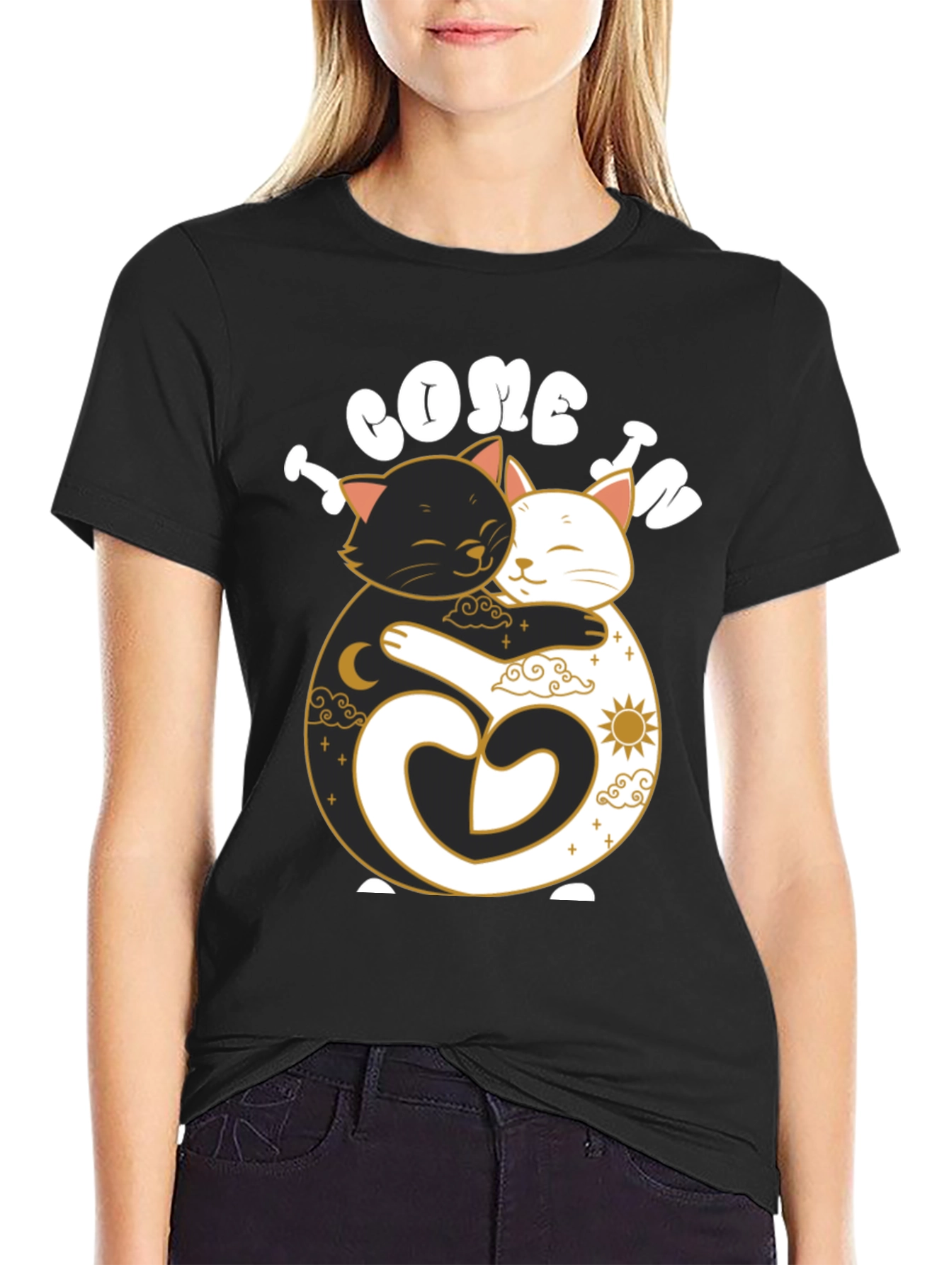 Camiseta Negra Yin Yang Gatos Abrazados