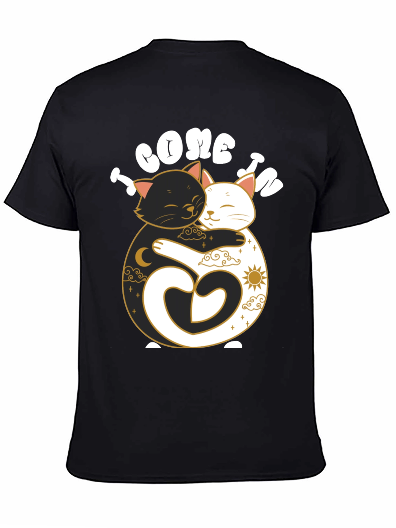 Camiseta Negra Yin Yang Gatos Abrazados