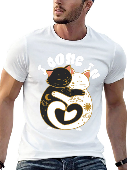 Camiseta Negra Yin Yang Gatos Abrazados