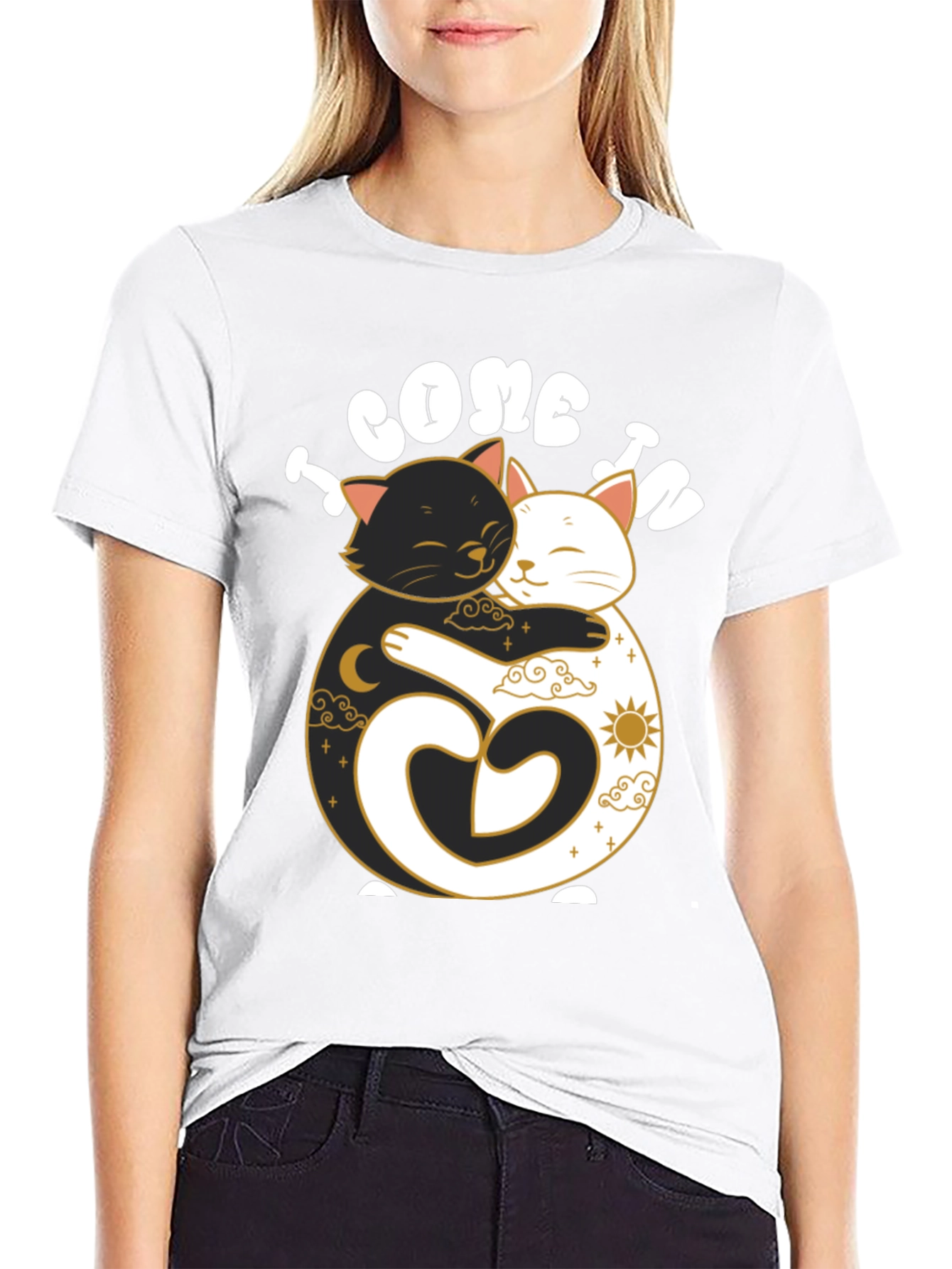 Camiseta Negra Yin Yang Gatos Abrazados