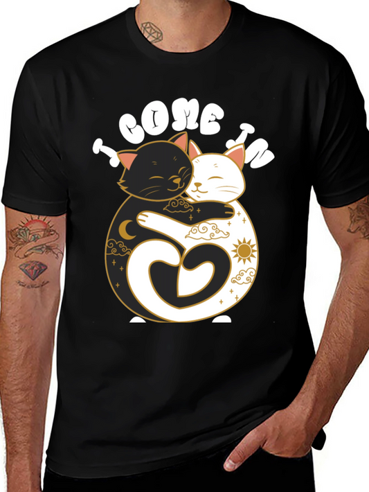 Camiseta Negra Yin Yang Gatos Abrazados