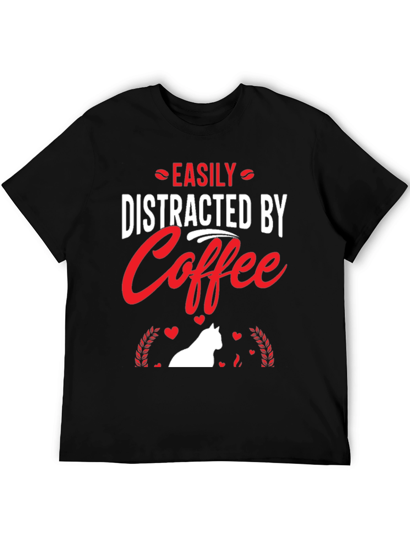 Camiseta Negra: Café y Gato Distraen Fácilmente