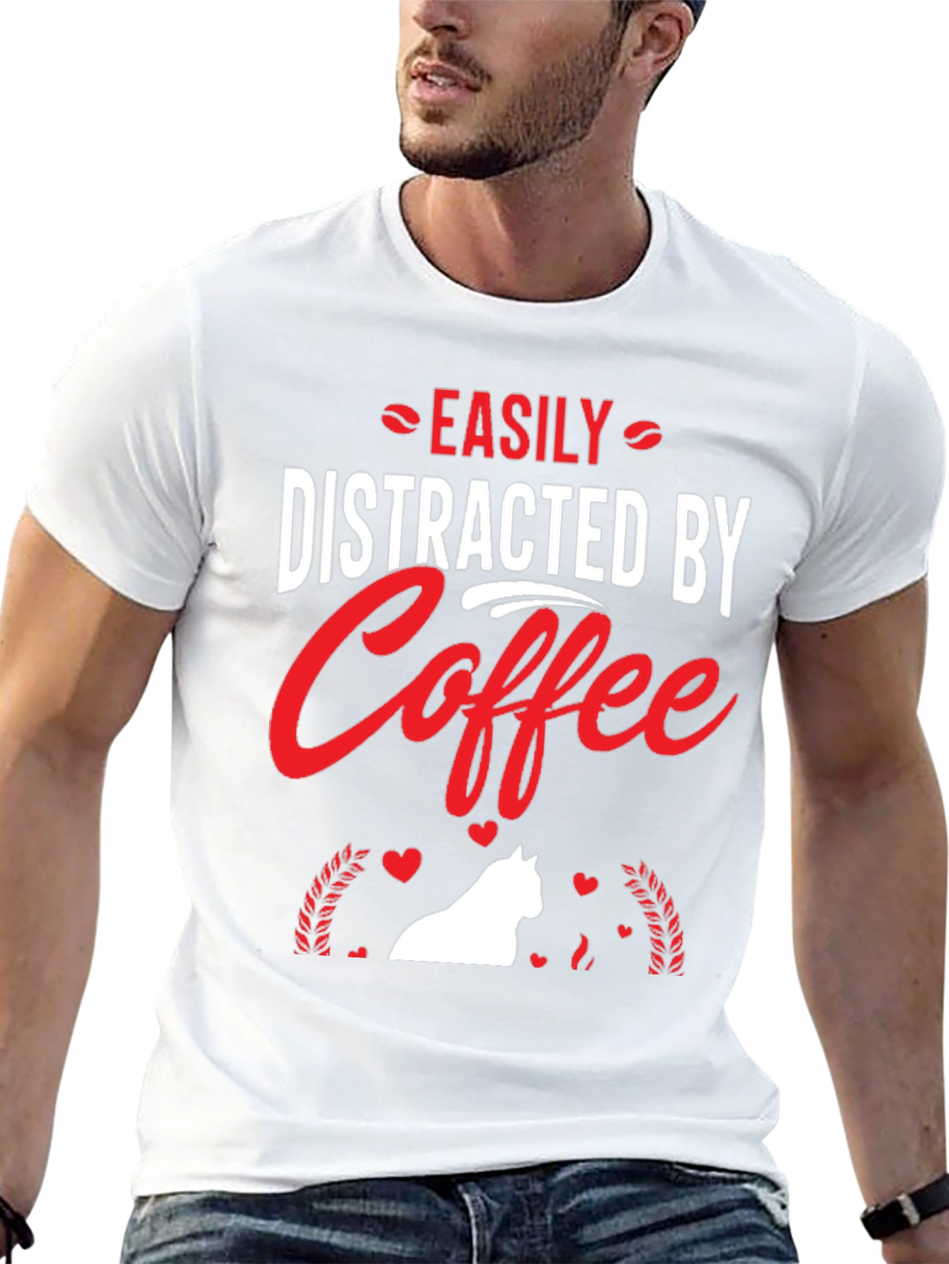 Camiseta Negra: Café y Gato Distraen Fácilmente