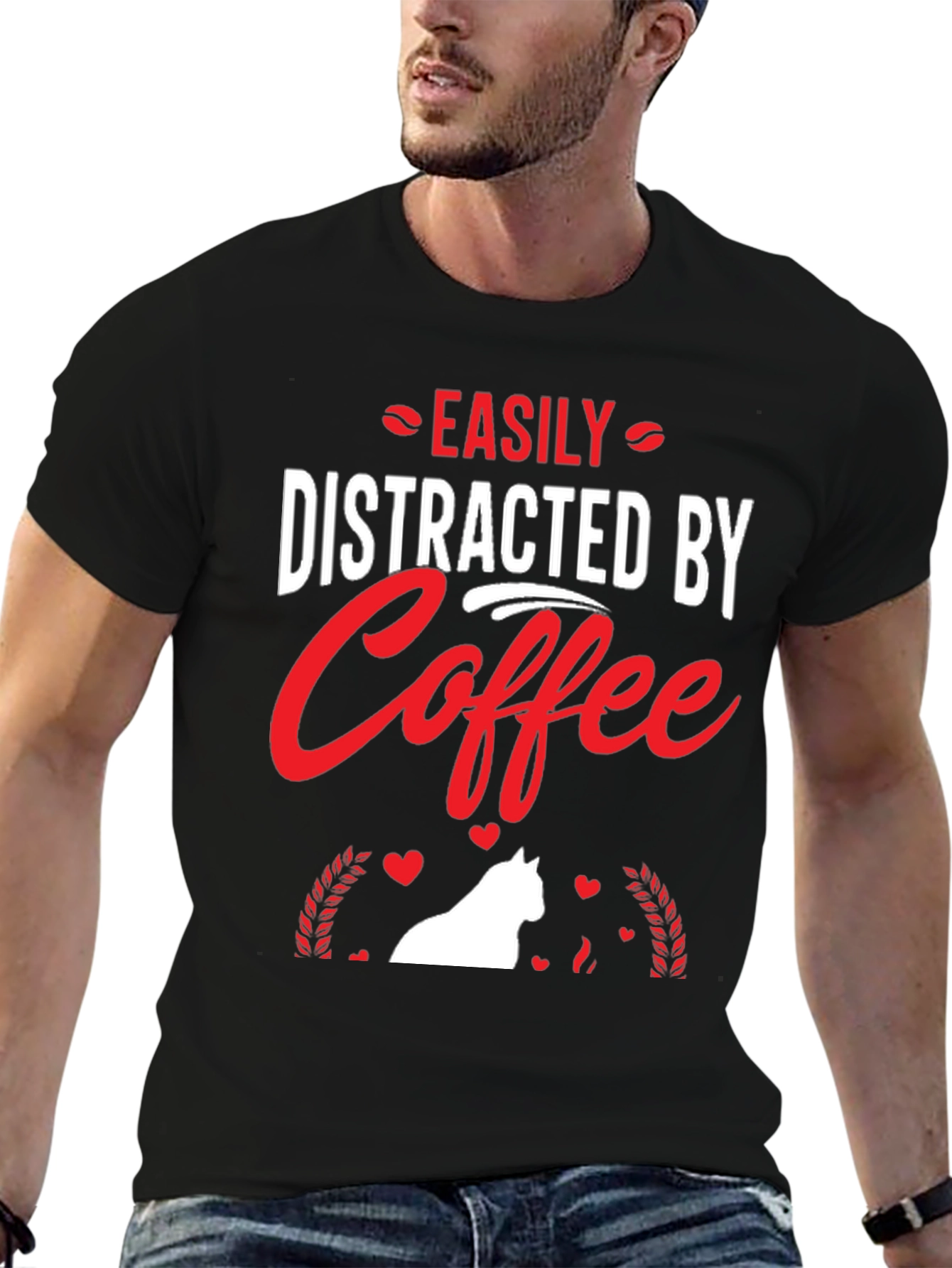 Camiseta Negra: Café y Gato Distraen Fácilmente